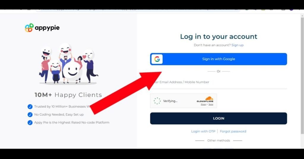 AppyPie login interface screenshot