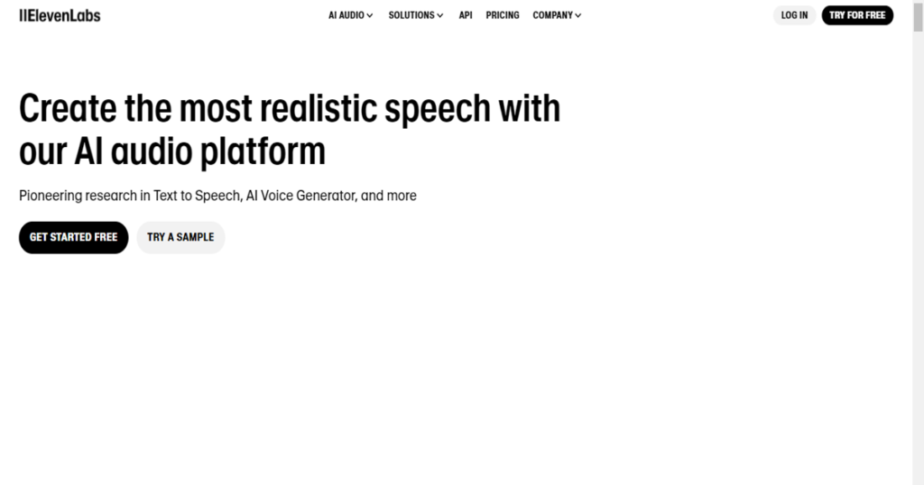"ElevenLabs AI audio platform interface showcasing text-to-speech and voice cloning tools.