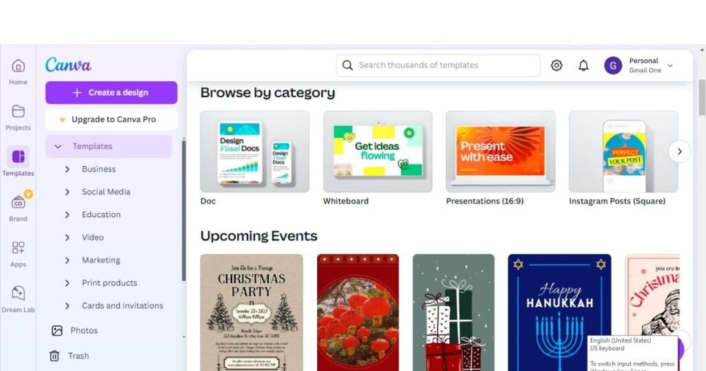 Selecting the right template on Canva after signing up