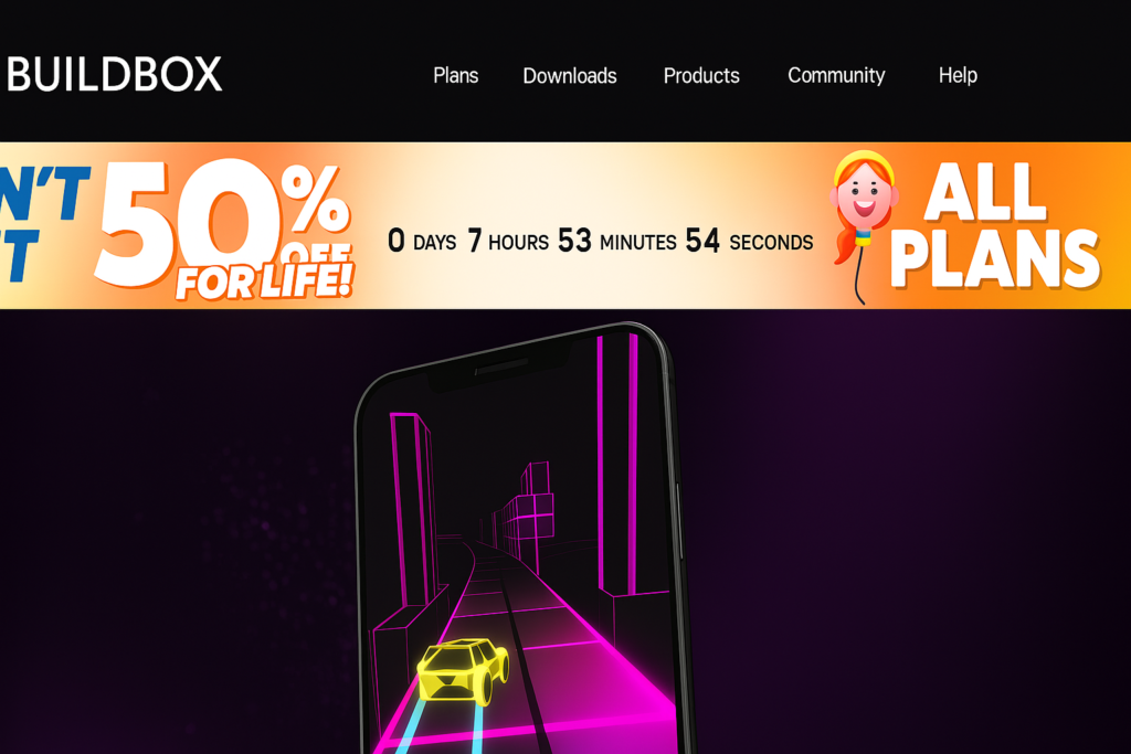 Buildbox website interface showing game builder promotion and dashboard preview"ai se game kaise banaye"