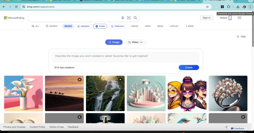 Screenshot of Bing Image Creator interface showing AI-generated images and a text prompt box powered by DALL·E.