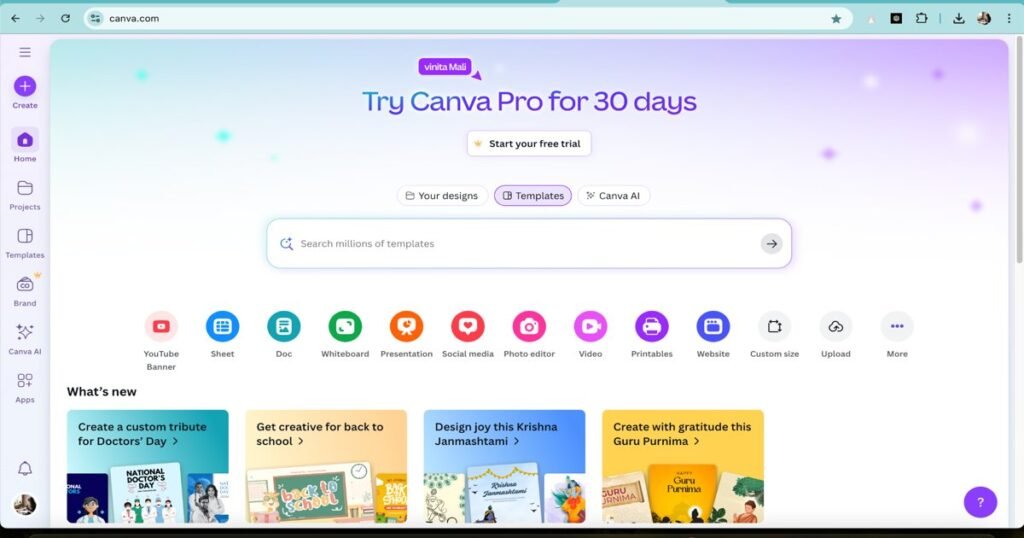 "Canva AI dashboard interface with design tools and template search options"