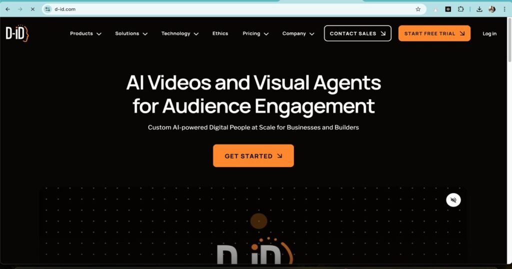 "D-ID AI video creation platform homepage with audience engagement tools"