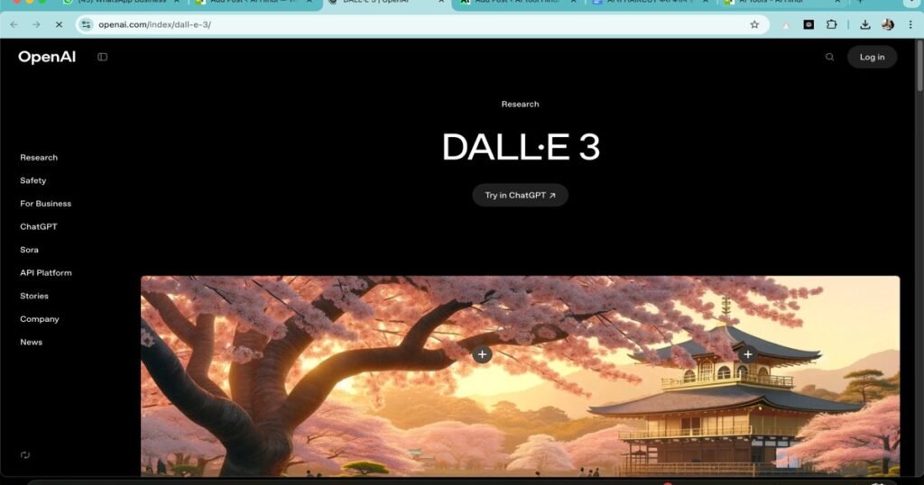 Screenshot of the OpenAI DALL·E 3 webpage featuring a cherry blossom illustration and interface options.