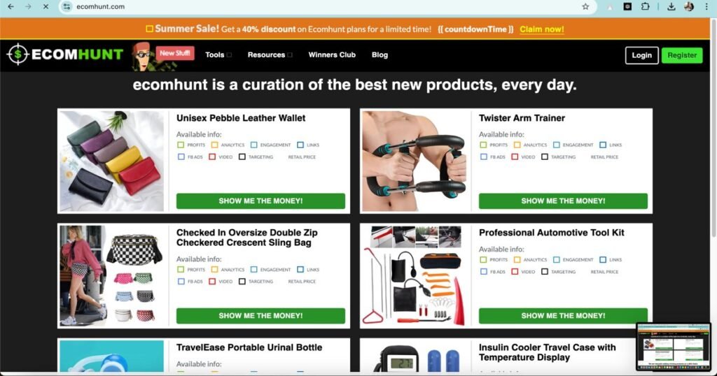 Ecomhunt dashboard showing trending products for AI-powered dropshipping