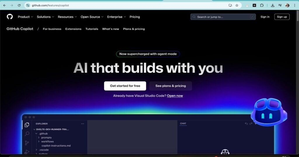 GitHub Copilot AI code assistant homepage screenshot with developer tools