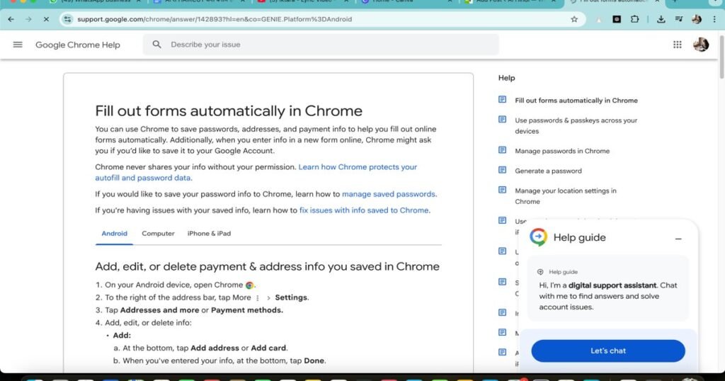 Screenshot of Google Chrome AutoFill settings showing how to enable automatic form filling using AI