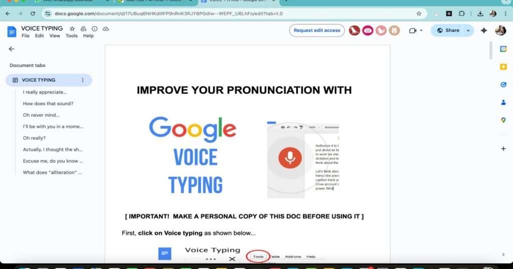 Google Voice Typing interface shown in Google Docs for speech-to-text input
