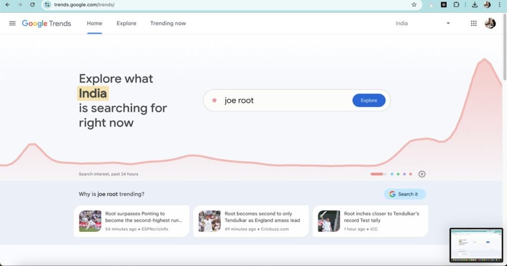 Google Trends interface showing trending keyword search data in India