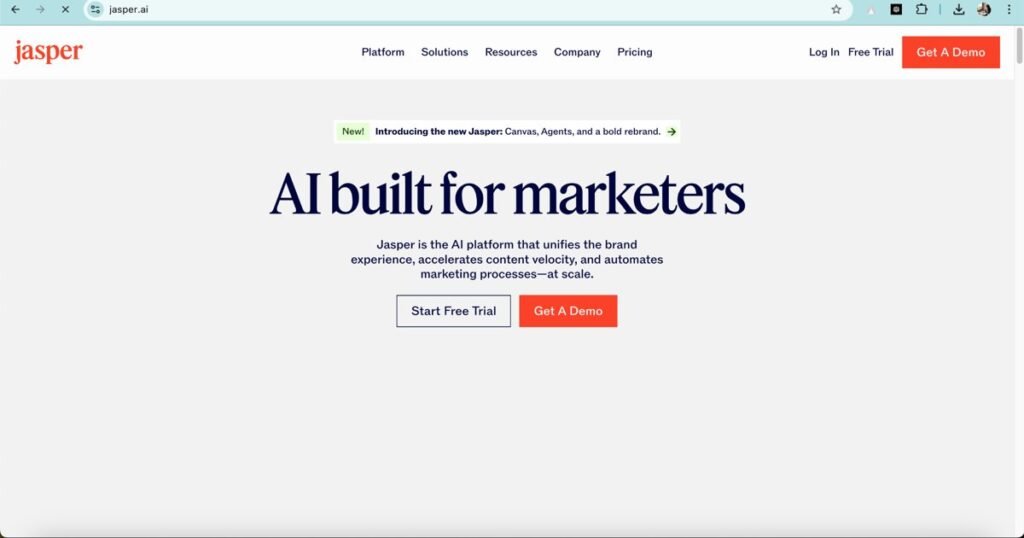 Jasper AI homepage showcasing AI content generation for marketers
