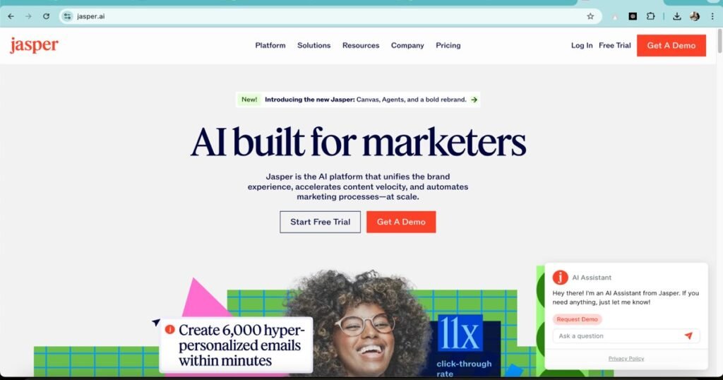 "Jasper AI homepage interface showcasing AI tools designed for marketers with CTA buttons"