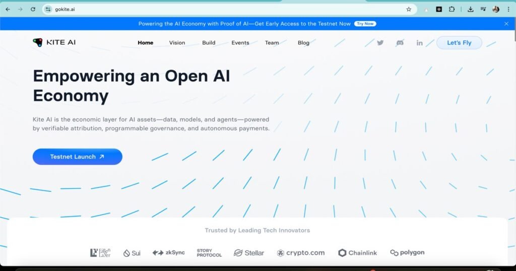 Kite AI homepage highlighting open AI economy and decentralized governance