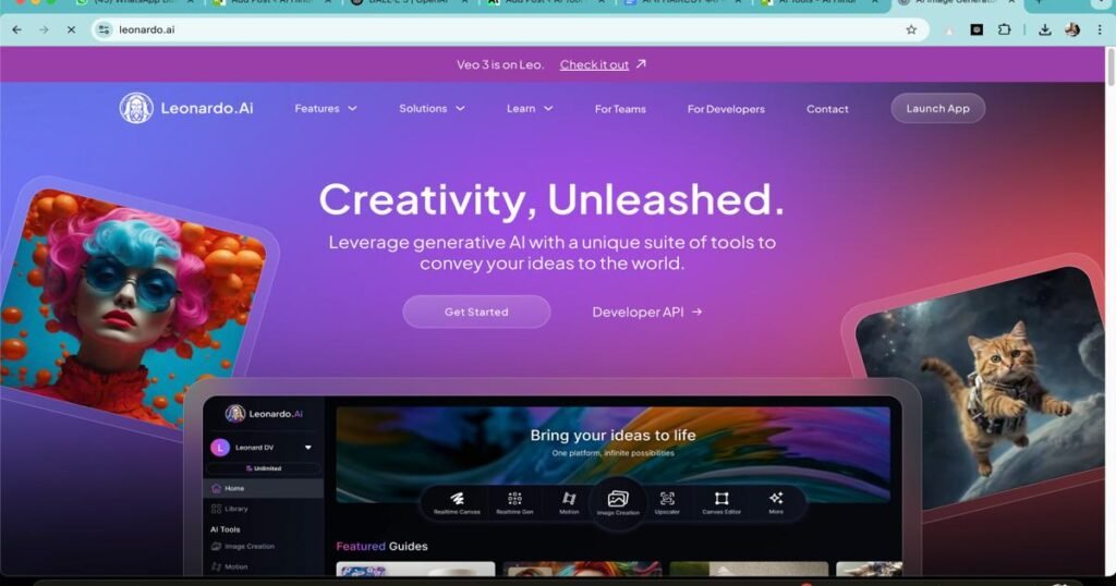 Screenshot of Leonardo AI homepage showcasing creative tools for image generation and design using generative AI.