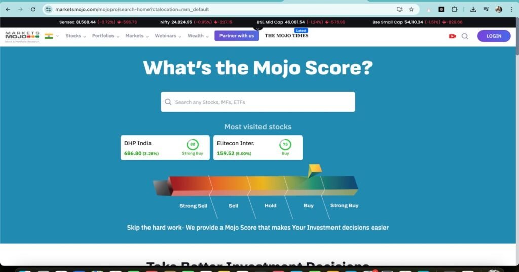 "MarketsMojo dashboard displaying Mojo Score and stock recommendations"