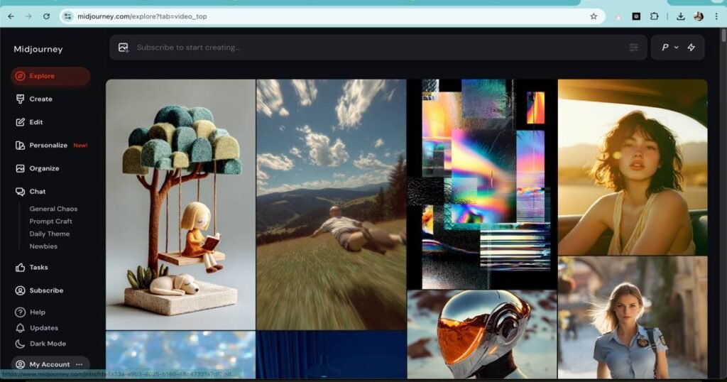 "Midjourney AI interface showing explore tab with AI-generated art examples and creative tools"