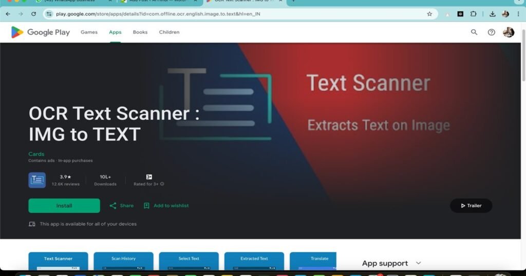 OCR Text Scanner app interface on Google Play Store for extracting text from images