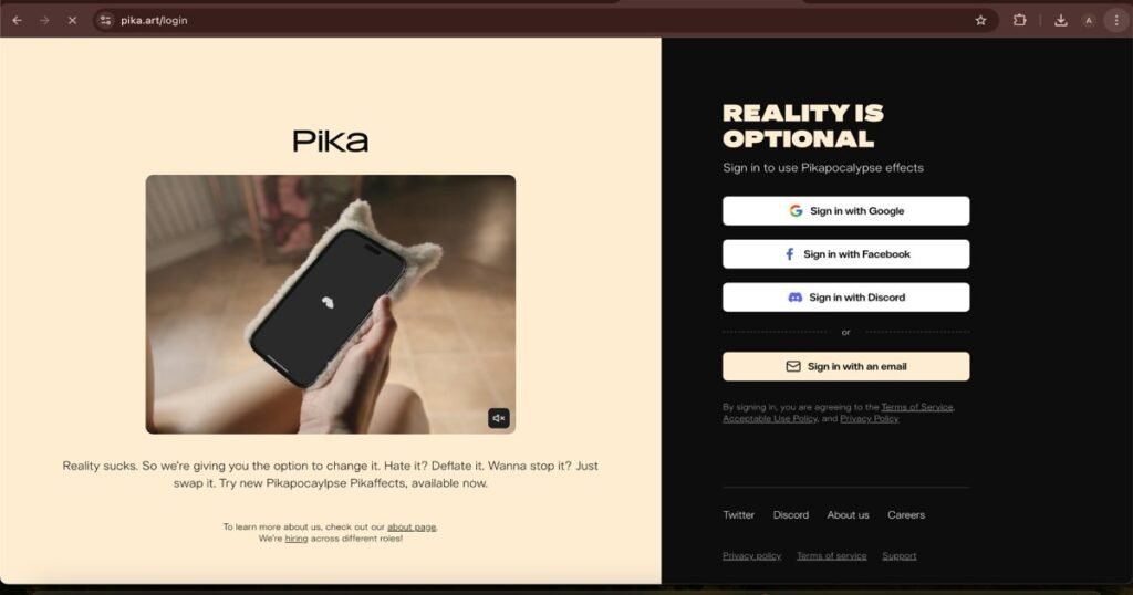 "Pika Labs AI login interface with sign-in options and mobile preview"