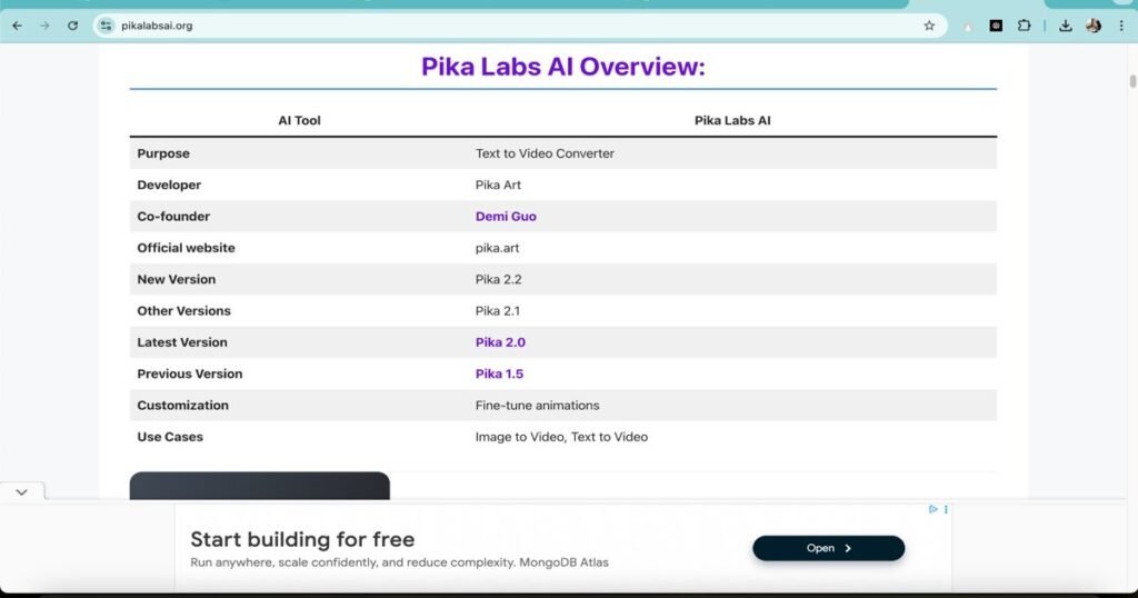 "Pika Labs AI tool overview showing features, versions, and use cases for text to video conversion"