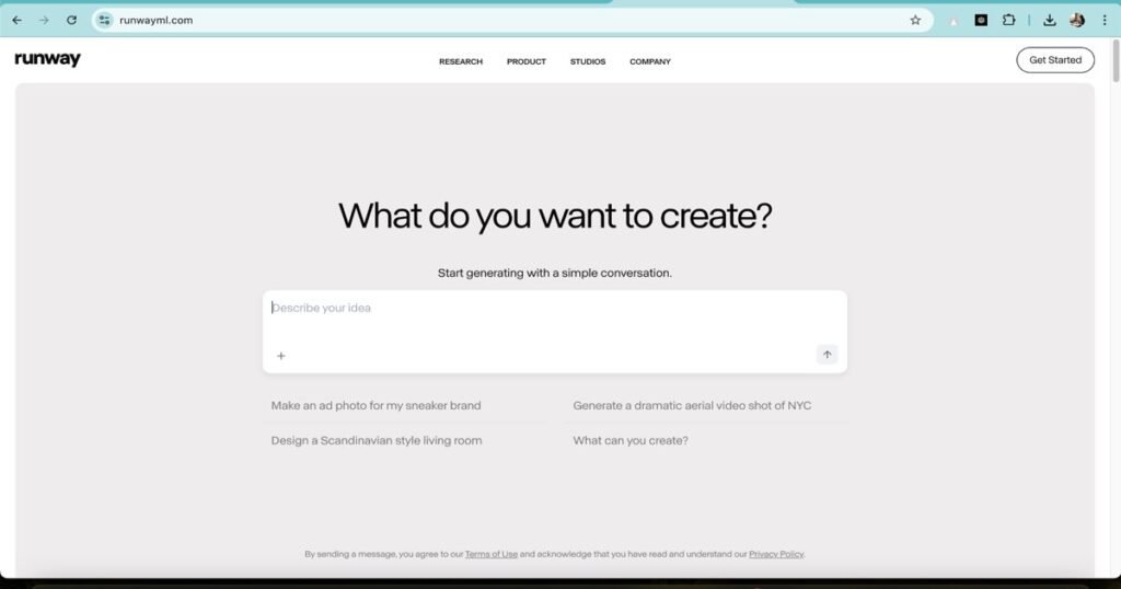 "Runway ML AI interface prompting users to describe their video creation idea"