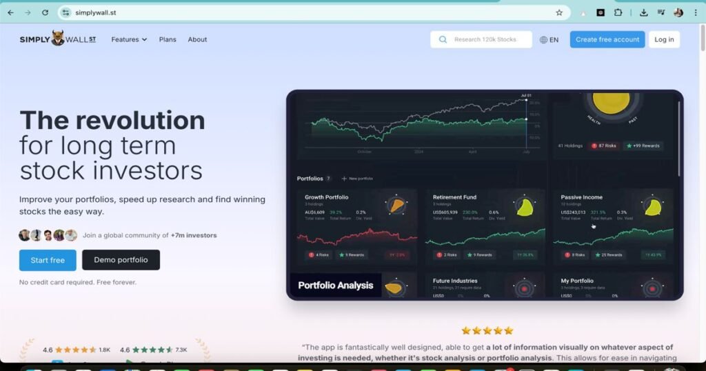"Simply Wall St interface showing long-term stock investment and portfolio analysis dashboard"