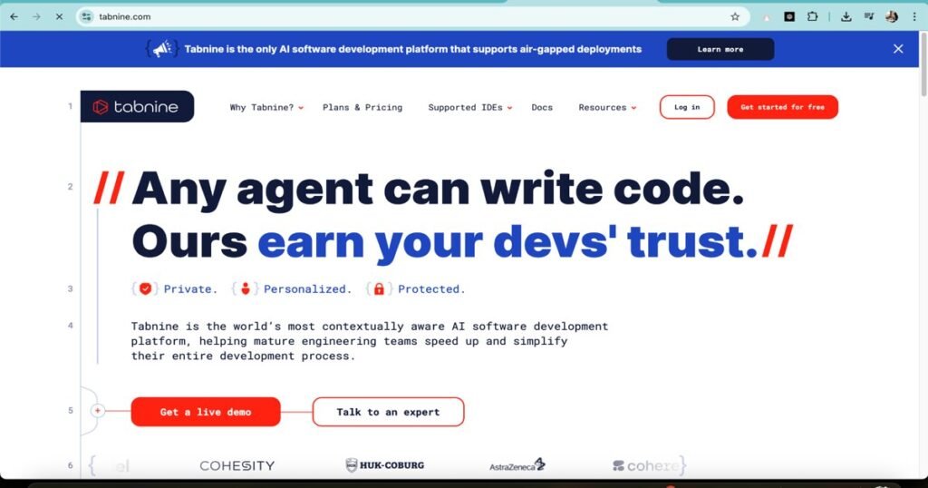 Tabnine AI code assistant platform homepage with developer-focused message