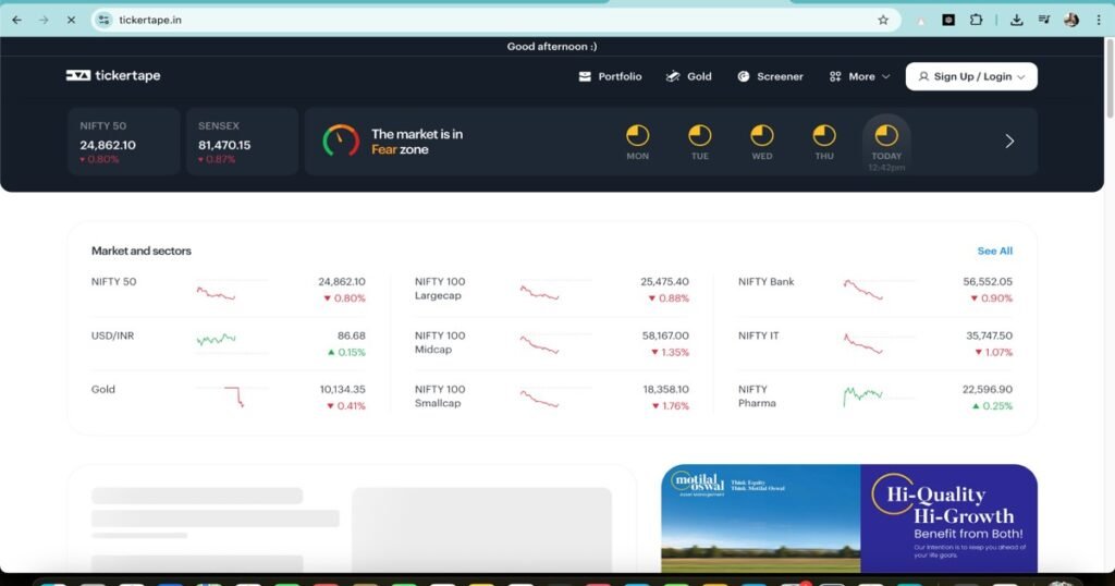 "TickerTape website interface showing stock market data and sector performance"