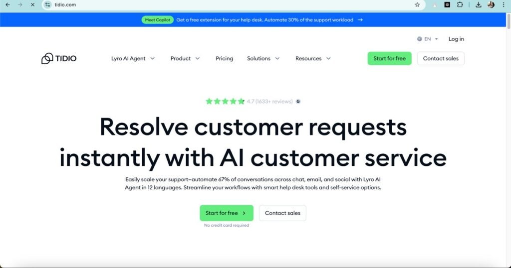 Tidio AI customer service platform homepage for automated support solutions