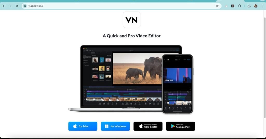 "VN Video Editor interface displayed on MacBook and smartphone showing timeline and editing tools"